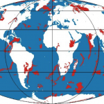 Figura 6 – Principais representações (em vermelho) das Grandes Províncias Ígneas (LIPs): manifestações vulcânicas extraordinárias (associadas a impactos de meteoritos) desenvolvidas durante a Grande Catástrofe.