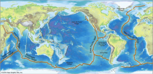 Figura 9 – Dorsais ou cordilheiras meso-oceânicas: rede de hiper-vulcões lineares (65.000 km), fornecedores de colossais volumes de lava basáltica, para a formação da própria crosta oceânica.